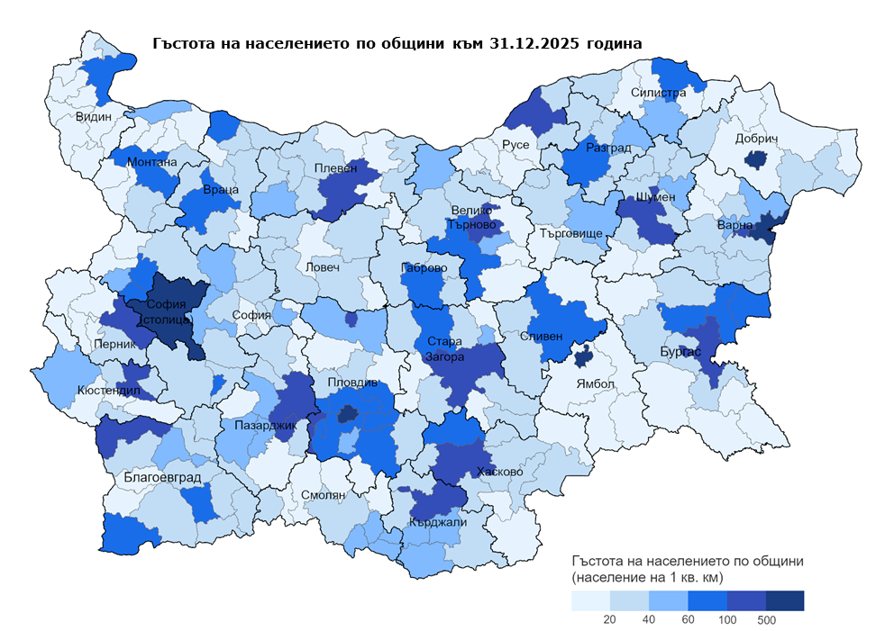 Карта на гъстотата на населението по общини в България към 31.12.2025 г.